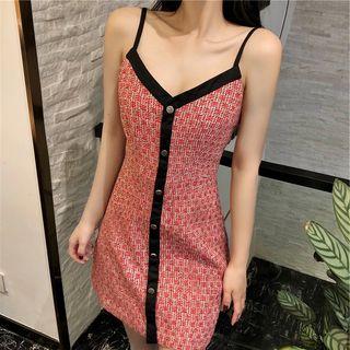 Tweed Contrast Trim Spaghetti Strap Mini A-line Dress