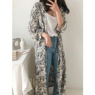 Tie-front Silky Foliage Long Robe Cardigan
