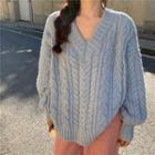 Long-sleeve Plain Cable Knit Sweater / High-waist Corduroy Pants