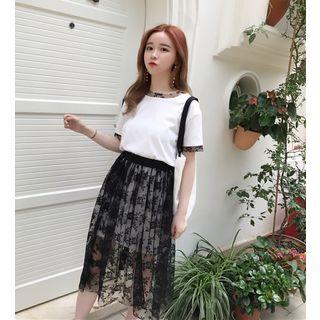 Set: Short-sleeve Long T-shirt + Lace Midi Skirt