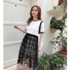 Set: Short-sleeve Long T-shirt + Lace Midi Skirt