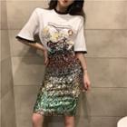 Set: Elbow-sleeve Print T-shirt + Sequined Fitted Skirt