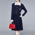 Embroidered Long-sleeve Knit Collared Dress