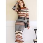 Patterned Rib-knit Dress Camel - One Size