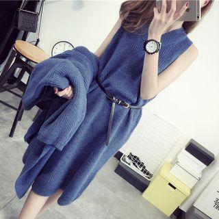 Set : Plain Cardigan + Sleeveless Knit Dress