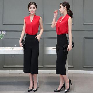 Set: V-neck Chiffon Tank Top + Cropped Wide Leg Pants