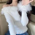 Off-shoulder Fluffy Trim Ribbed Knit Top White - One Size