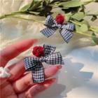 Flower Bow Fabric Dangle Earring 1 Pair - S925 Silver - Red & Black - One Size