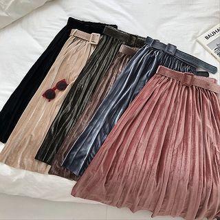 Plain Velvet High-waist Pleated Skirt
