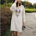 Embroidered Long-sleeve A-line Dress Off-white - One Size