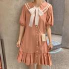Elbow-sleeve Wide-collar Ribbon Buttoned Dress