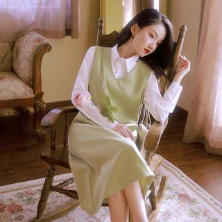 Set: Plain Shirt + V-neck Vest + High Waist Midi A-line Skirt