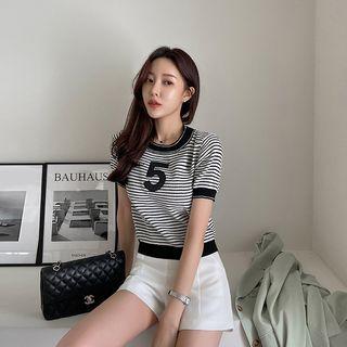 Letter-patched Stripe Knit Top