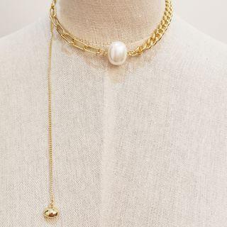Asymmetric Faux Pearl Choker White Faux Pearl - Gold - One Size