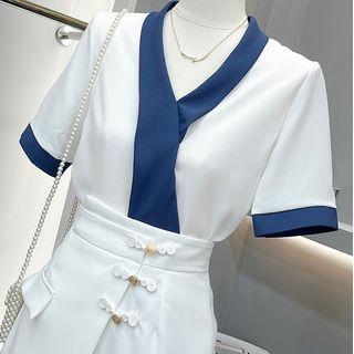 V-neck Contrast Trim Blouse / Mini A-line Skort