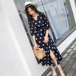 Polka Dot Elbow-sleeve A-line Dress With Sash