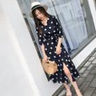 Polka Dot Elbow-sleeve A-line Dress With Sash