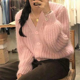 Ribbed Knit V-neck Cardigan Pink - One Size