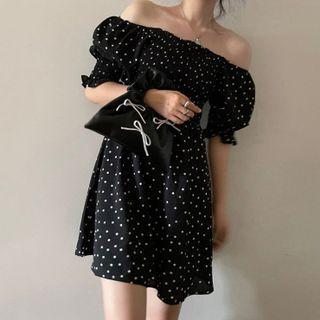 Short-sleeve Dot Print Off-shoulder Mini Dress