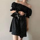Short-sleeve Dot Print Off-shoulder Mini Dress