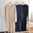 Long Sleeve V-neck Ribbed Knit Midi Dress