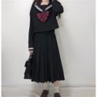 Set: Long-sleeve Bow Front Sailor Collar Top + Pleated A-line Midi Skirt Set - One Size
