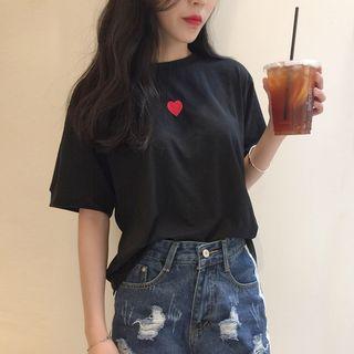 Heart Embroidered Back-bow Short-sleeve T-shirt