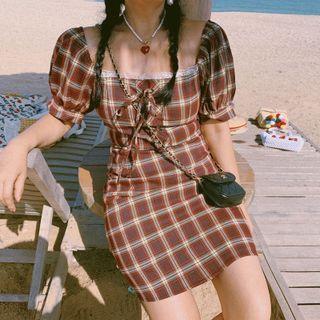 Puff-sleeve Plaid Lace Trim Mini A-line Dress