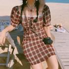Puff-sleeve Plaid Lace Trim Mini A-line Dress