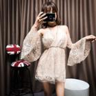 Cold-shoulder Bell-sleeve Mesh Playsuit Almond - One Size
