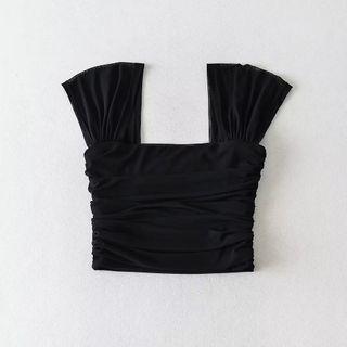 Square Neck Mesh Panel Crop Top