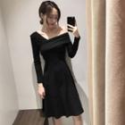 Plain V-neck Off-shoulder Slim-fit Knit Dress