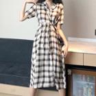 Short-sleeve Plaid A-line Midi Dress As Shown In Figure - One Size