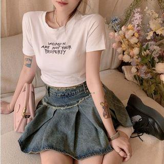 Short-sleeve Lettering Lettuce Edge T-shirt White - One Size