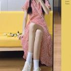 Short-sleeve Floral Print Ruffle Trim Midi A-line Dress