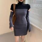 Long-sleeve Mini Sheath Dress Black & Gray - One Size