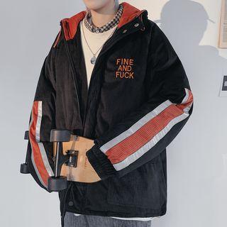 Lettering Striped Corduroy Hooded Padded Jacket