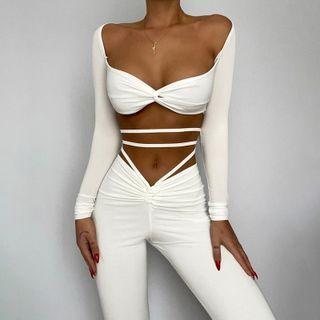 Set: Plain Long Sleeve Cropped Top + Plain Tie-back Straight-cut Pants