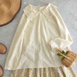 Peter Pan-collar Lace Panel Embroidered Flower Blouse