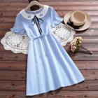 Short-sleeve Embroidered Frill Trim Gingham A-line Dress