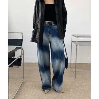Two-tone Washed Wide Jeans