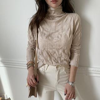 Turtleneck Crinkled Top Beige - One Size