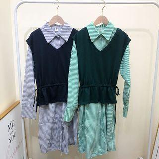 Set: Striped Long-sleeve Shirtdress + Drawstring Knit Vest
