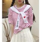Heart Embroidered Striped Elbow Sleeve T-shirt