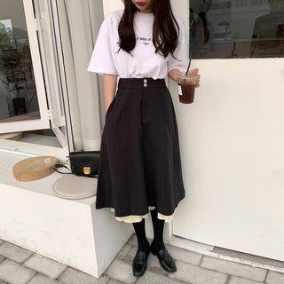 Short-sleeve Lettering T-shirt / Midi A-line Skirt