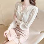 V-neck Lace-trim Pleated Blouse