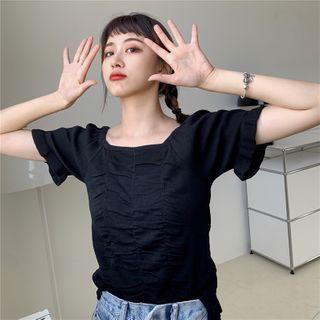 Ruffled Ruched Short-sleeve Knit Top