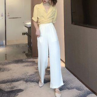 Set: Plain Short-sleeve Blouse + High-waist Wide-leg Pants