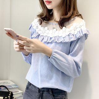 Mesh Panel Frill Trim Striped Blouse