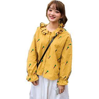 Bell-sleeve Frill Trim Printed Blouse